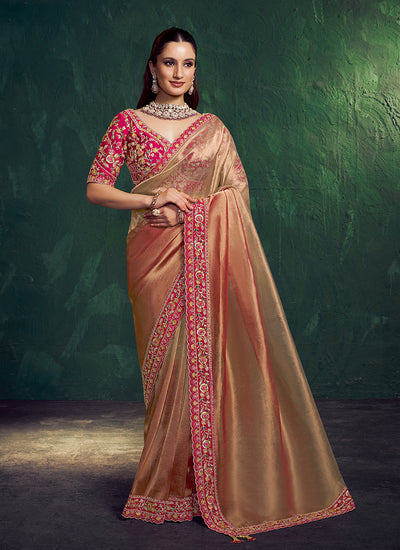 Rose Gold And Pink Embroidery Wedding Saree
