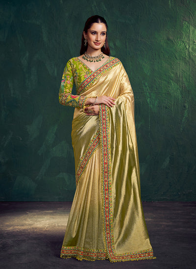 Lime Green Multicolor Embroidery Wedding Saree
