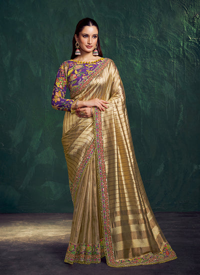 Champagne Gold Multicolor Embroidery Wedding Saree
