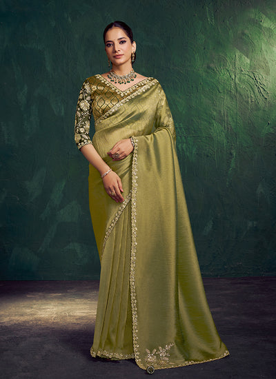 Olive Green Embroidery Wedding Saree