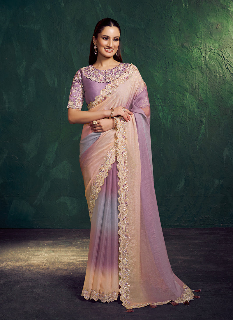 Lilac Ombre Embroidery Wedding Saree