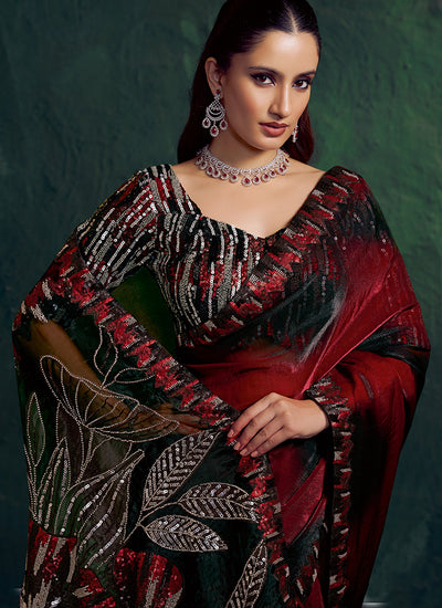 Red And Black Embroidery Wedding Saree