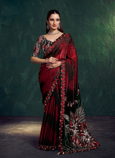Red And Black Embroidery Wedding Saree