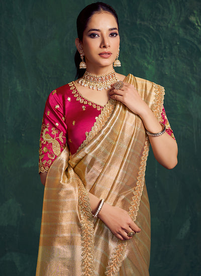 Golden Beige And Pink Embroidery Wedding Saree