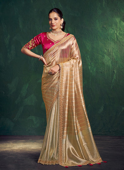Golden Beige And Pink Embroidery Wedding Saree