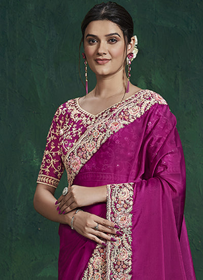 Magenta Pink Embroidery Wedding Saree