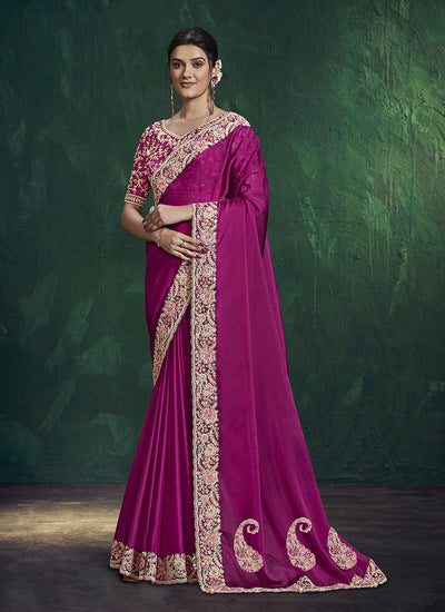 Magenta Pink Embroidery Wedding Saree