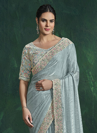 Ice Blue Embroidery Wedding Saree