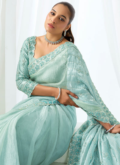 Aqua Green Embroidery Festive Saree