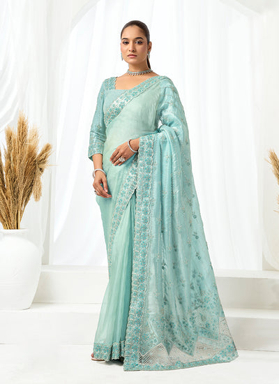 Aqua Green Embroidery Festive Saree