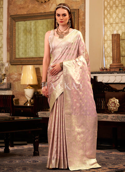 Light Pink Zari Brocade Woven Handloom Silk Saree