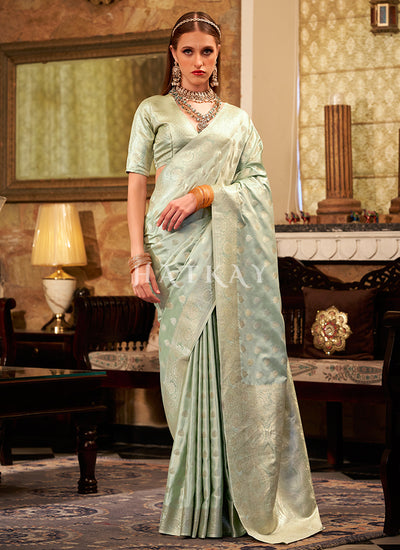 Pastel Green Zari Brocade Woven Handloom Silk Saree