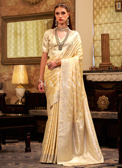 Pale Yellow Zari Brocade Woven Handloom Silk Saree