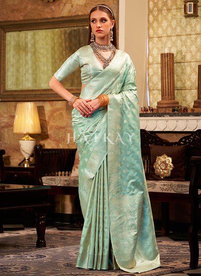 Sea Green Zari Brocade Woven Handloom Silk Saree