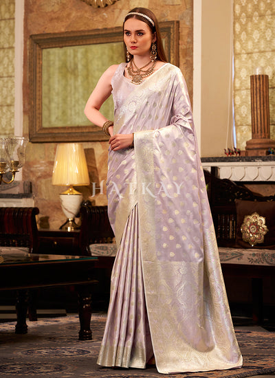 Lavender Zari Brocade Woven Handloom Silk Saree