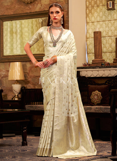 Off White Zari Brocade Woven Handloom Silk Saree