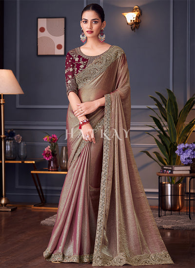 Red Copper Two Tone Embroidery Designer Saree