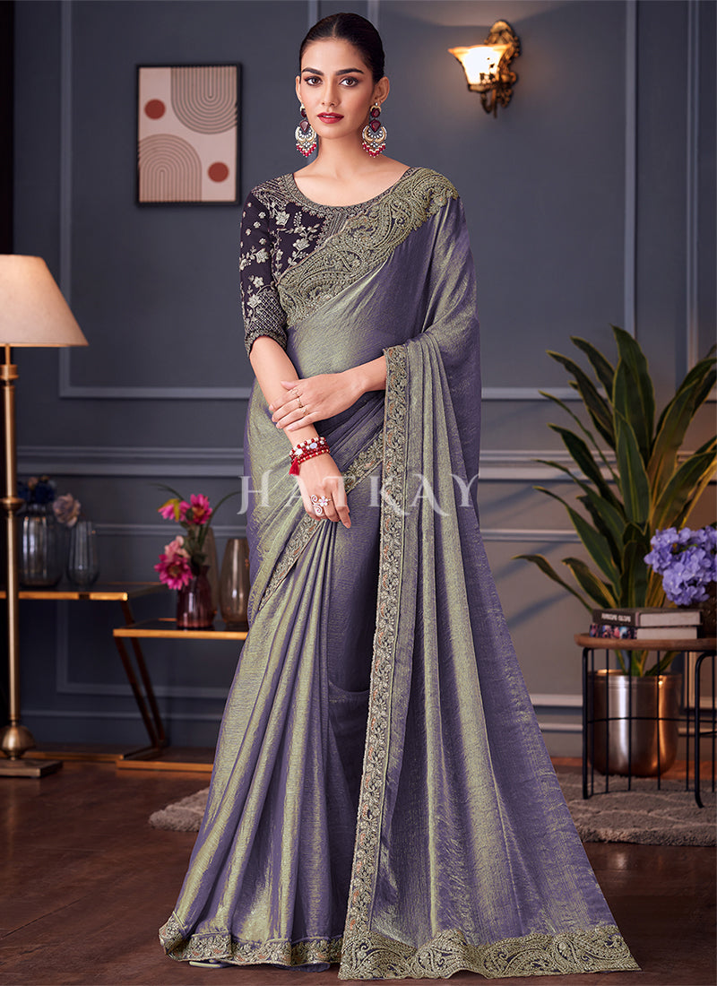 Bluish Silver Two Tone Embroidery Designer Saree