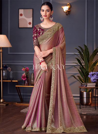 Cherry Red Two Tone Embroidery Designer Saree