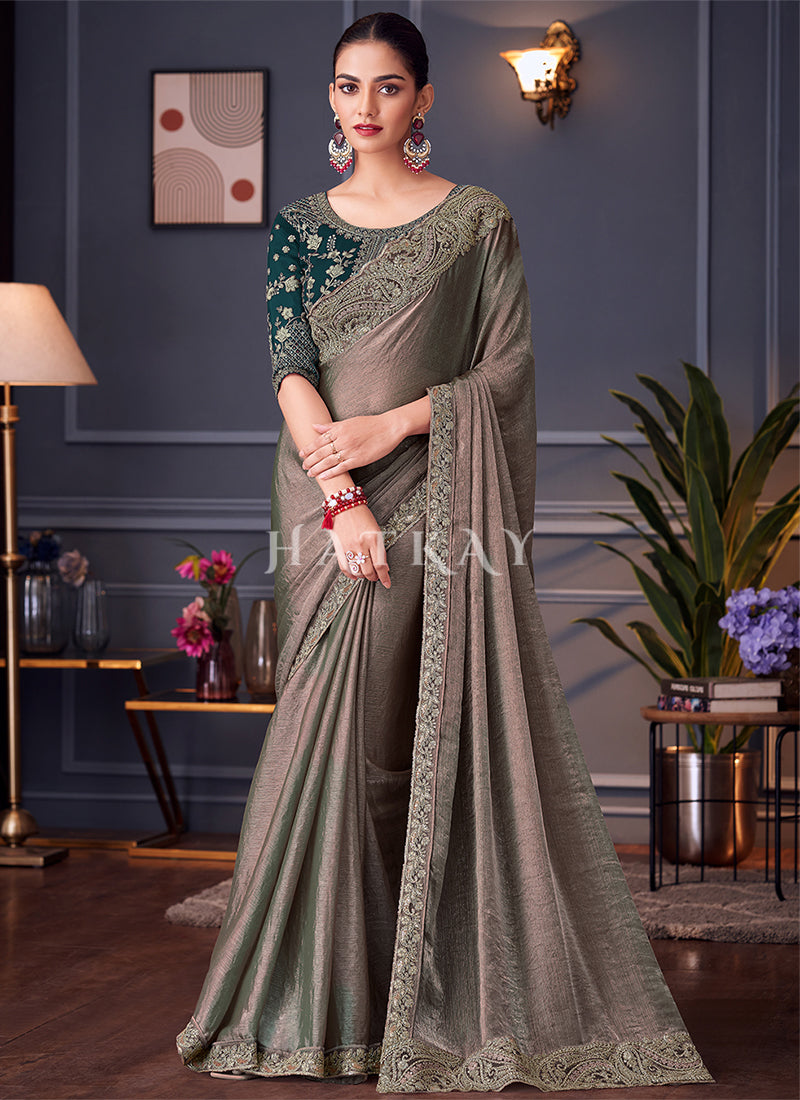 Dark Green Two Tone Embroidery Designer Saree