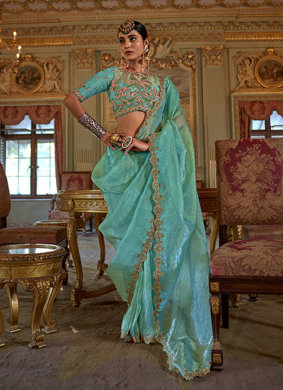Turquoise Traditional Embroidery Tissue Saree