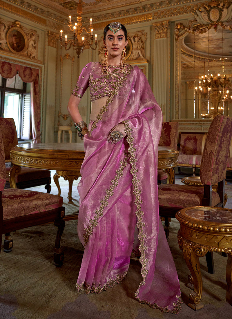 Pink Traditional Embroidery Tissue Saree