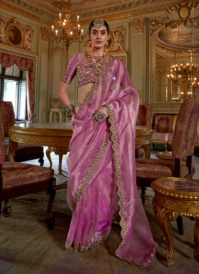 Pink Traditional Embroidery Tissue Saree