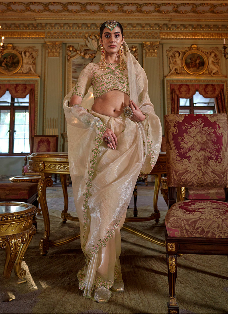 Cream Traditional Embroidery Tissue Saree