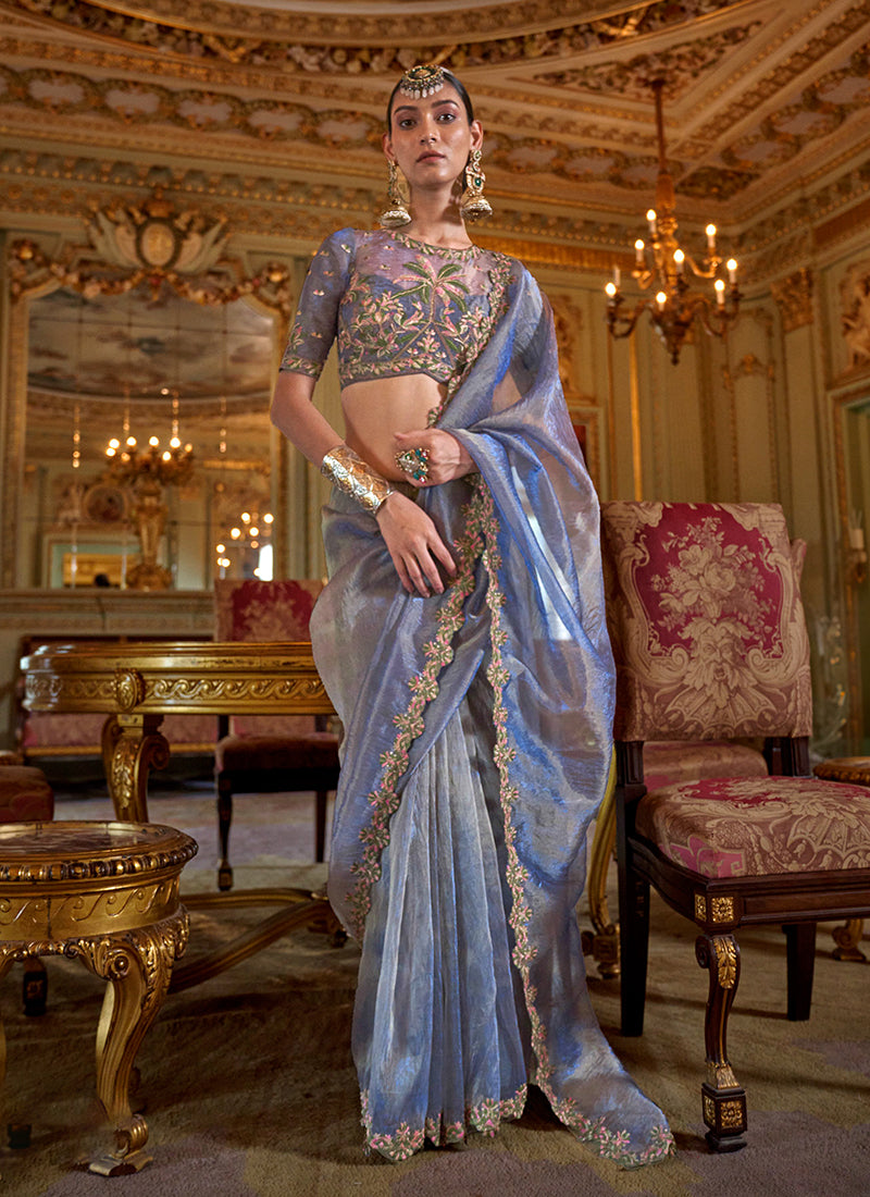 Blue Traditional Embroidery Tissue Saree