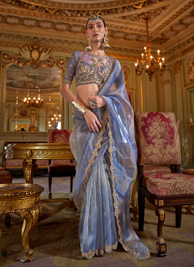 Blue Traditional Embroidery Tissue Saree