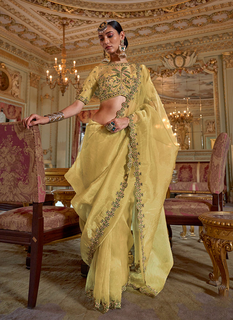 Yellow Traditional Embroidery Tissue Saree