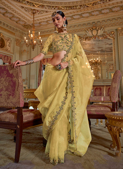 Yellow Traditional Embroidery Tissue Saree