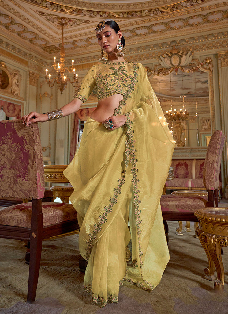 Yellow Traditional Embroidery Tissue Saree