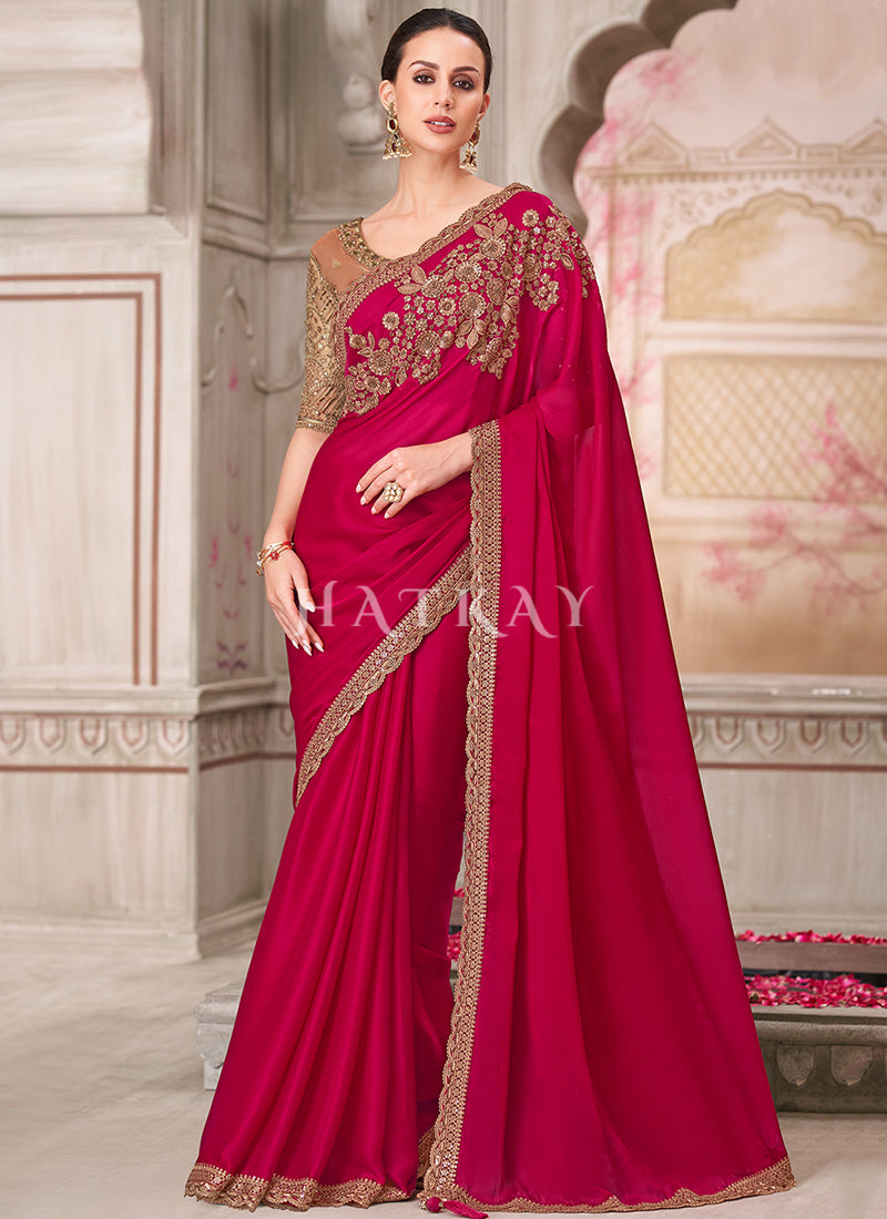 Red Beige Sequence Embroidery Traditional Wedding Saree