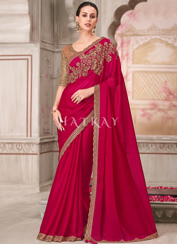 Red Beige Sequence Embroidery Traditional Wedding Saree