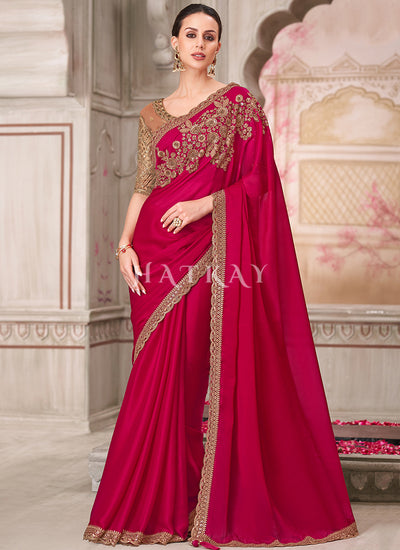 Red Beige Sequence Embroidery Traditional Wedding Saree