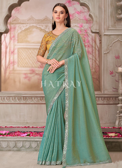 Green Yellow Sequence Embroidery Traditional Wedding Saree