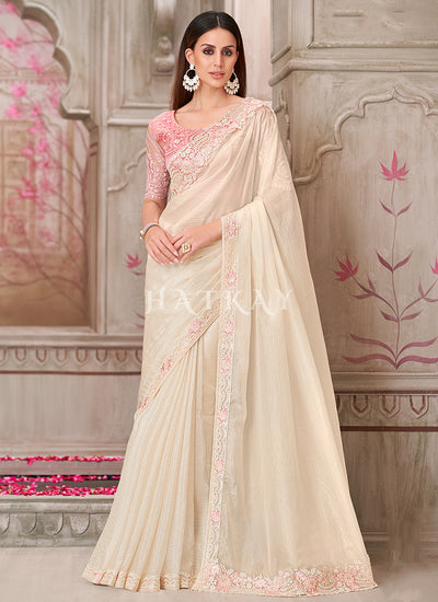 Ivory Pink Sequence Embroidery Traditional Wedding Saree