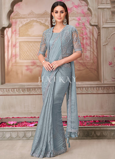 Silver Grey Sequence Embroidery Traditional Wedding Saree