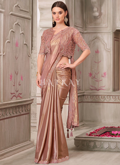 Rose Gold Sequence Embroidery Traditional Wedding Saree