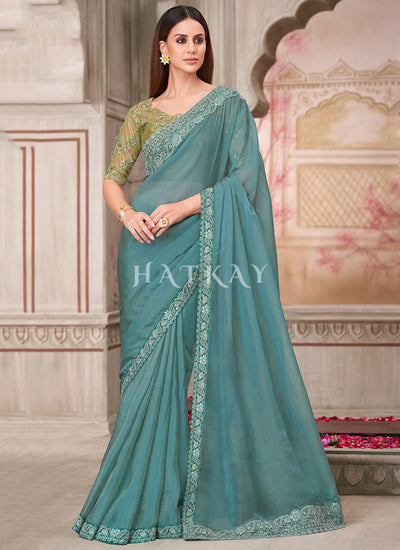 Teal Green Sequence Embroidery Traditional Wedding Saree