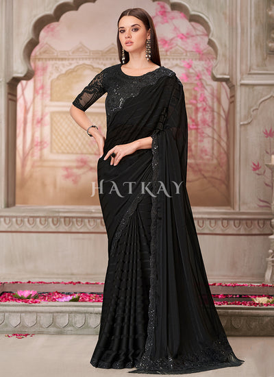 Black Sequence Embroidery Traditional Wedding Saree