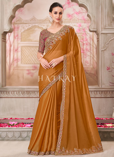 Golden Red Sequence Embroidery Traditional Wedding Saree