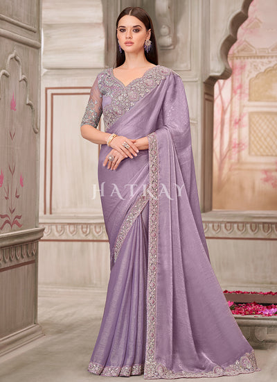 Lavender Sequence Embroidery Traditional Wedding Saree
