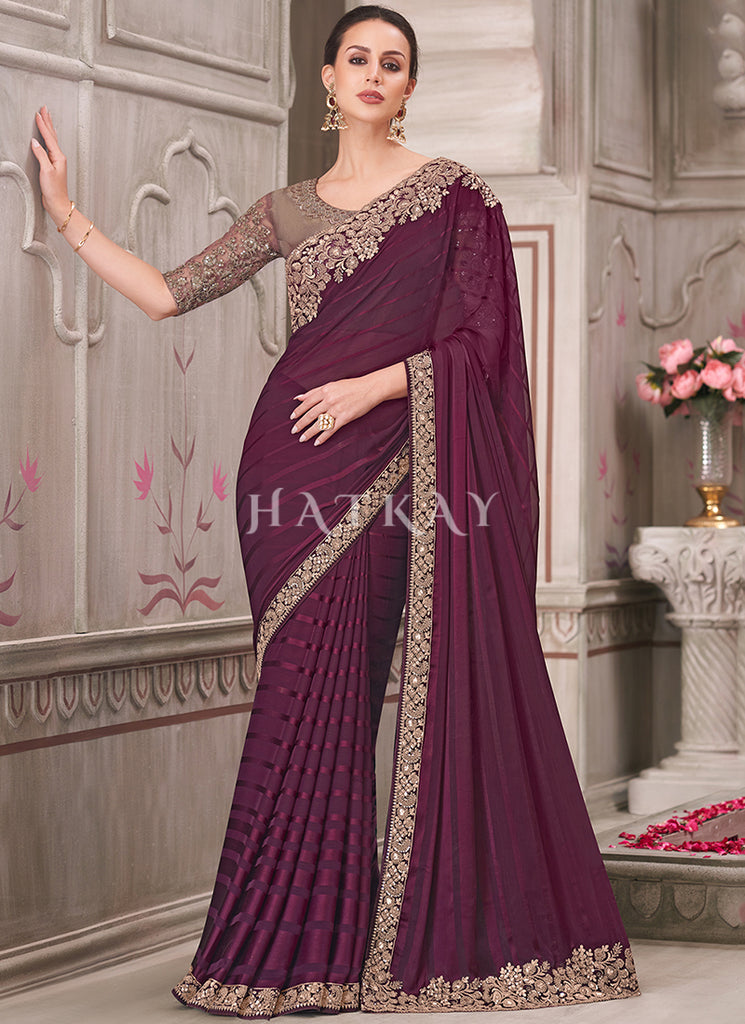 Wine Sequence Embroidery Traditional Wedding Saree