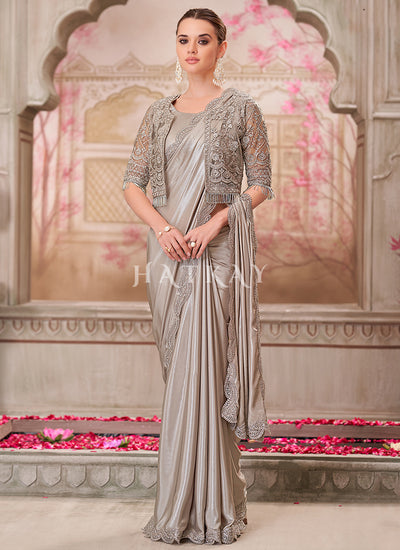 Grey Sequence Embroidery Traditional Wedding Saree