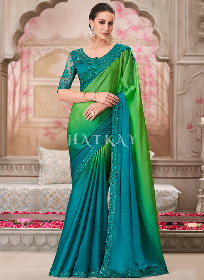 Green And Blue Sequence Embroidery Traditional Wedding Saree