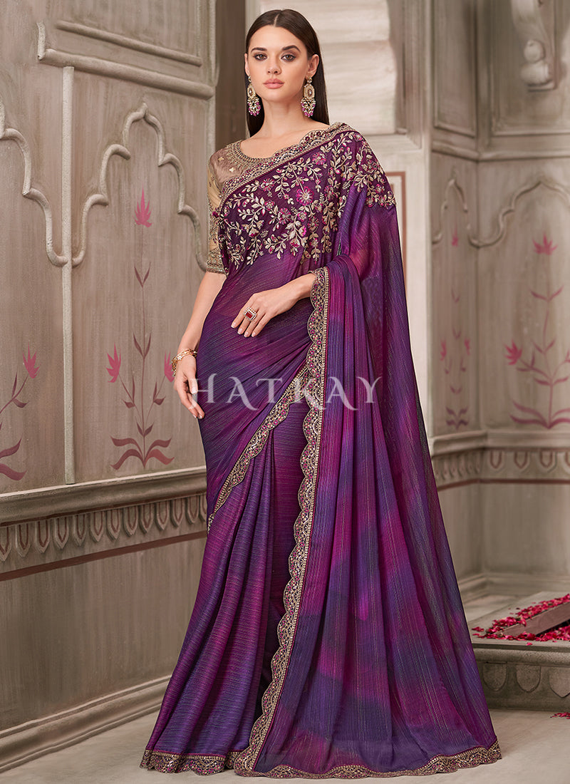 Purple Sequence Embroidery Traditional Wedding Saree