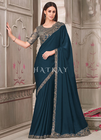 Turquoise Sequence Embroidery Traditional Wedding Saree