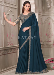 Turquoise Sequence Embroidery Traditional Wedding Saree